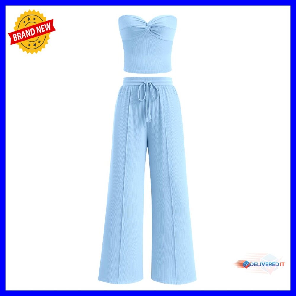 Ribbed Knit Strapless Tube Top Set With Wide Leg Pants, Relaxed Fit